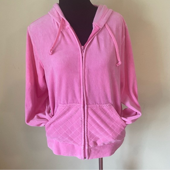 VINTAGE Y2K BALLET PINK QUILTED POCKET VELOUR ZIP HOODIE SIZE MEDIUM TRENDY - Picture 1 of 6